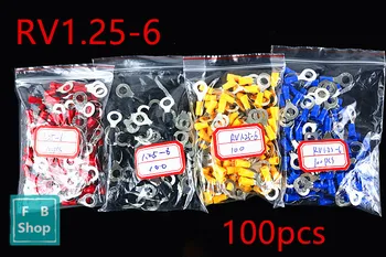 100KS/Balení RV1.25-6 Červená žlutá černá modrá 22 až 16 AWG, 0.5-1.5mm2 Izolované Kroužek připojovací Kabel