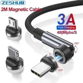 2m Magnetický Micro USB C Kabel pro iPhone Samsung 540°Otáčení Magnetu Rychlé Nabíjení Kabel pro Huawei, Xiaomi podporuje Přenos Dat