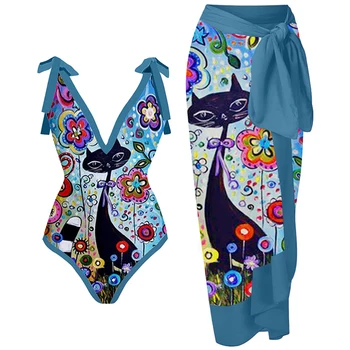 Blue Print V-neck Bikiny Módní Jednoho Kusu Plavky Letní Beach Oblečení pro Ženy Plavky Ženy Plavky s hlubokým Výstřihem Slim