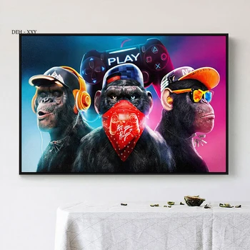 Cool, Tři Opice Malířské Plátno Hip Hop Opice Hráč Hru Pop Art Plakáty Abstraktní Zvířat Wall Art Obraz Domova Room Decor
