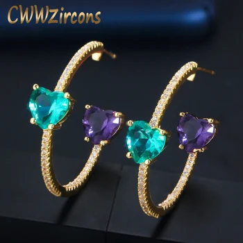 CWWZircons Double Roztomilé Láska Srdce Tvar Fialové Modré CZ Crystal Kulaté Hoop Náušnice 2022 Módní Bohémské Šperky pro Ženy CZ753