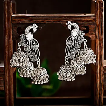 Dámské Vintage Stříbrné Barvě Paví Jhumka Náušnice Indické Šperky turecké Vyřezané Zvonky Prohlášení Náušnice Tribal Cikánské Šperky