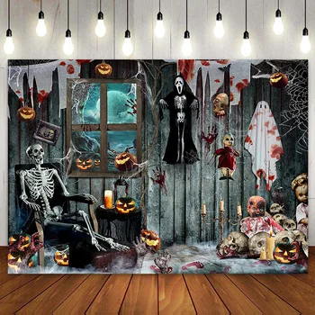 Halloween Pozadí pro Fotografie, Horor, Lebka, Dýně Krvavé Ruce na Pozadí, Banner Party Dekorace Photo Booth Zdi