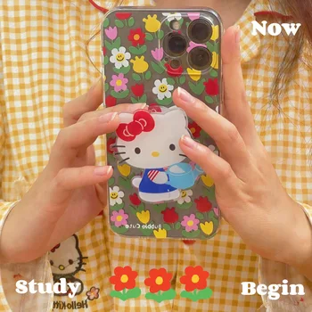 Hello Kitty Cartoon Flower Stand Telefon pouzdra Pro iPhone 13 12 11 Pro Max Mini XR XS MAX 8 X 7 SE 2022 Průhledný Silikonový Kryt
