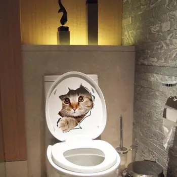 Kočky 3D Samolepky na zeď Toaleta Samolepky Díru Zobrazit Živé Psy Koupelna pro Domácí Dekorace Zvířat Vinyl Obtisky Umění, Samolepka, plakát