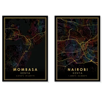 Nairobi Mombasa GOLD SILNICE Rainbow City Vytisknout Mapu Keni Plakát, Plátno Wall Art Černé Obrázky pro Obývací Pokoj