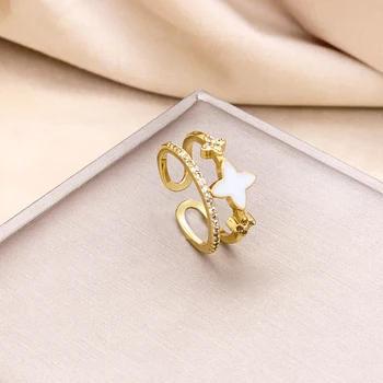 Nové Světlo V Luxusní Dvouřadá Prsteny Pro Ženy Módní Temperament Z Nerezové Oceli, Otevřený Prsten Šperky Ženské Příslušenství