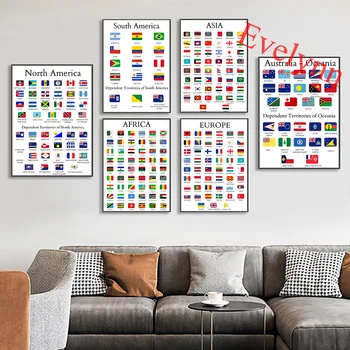 Světy, Kontinenty, Země, Země, Vlajky A Jména Vzdělávací Plátně Obraz, Plakát Moderních Domů Wall Art Dekor Tiskne Obrázky