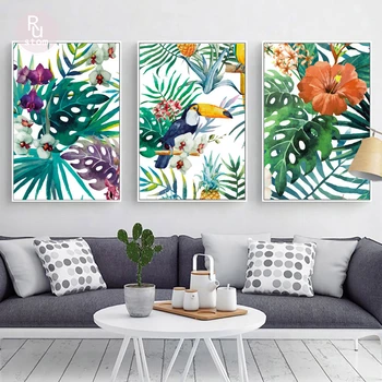 Tropický deštný Prales Akvarel Rostliny, Květ, Pták Přírodní Styl Plátno Plakáty A Tisky Zeď Umění Malby Obývací pokoj dekor