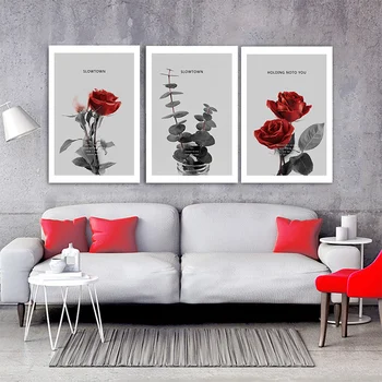 Vintage Černé Bílé Romantické Červené Růže Plakát Květina Umění Zdi Obraz Nordic Malířské Plátno Modulární Home Dekor Obývací Pokoj
