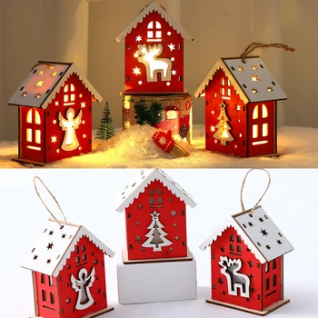 Vánoční Osvětlení Dřevo Dům Přívěsek Červeně Zářící Anděl Kabině Diy Vánoční Strom Dekorace Závěsné Ozdoby Děti Dárek Navidad